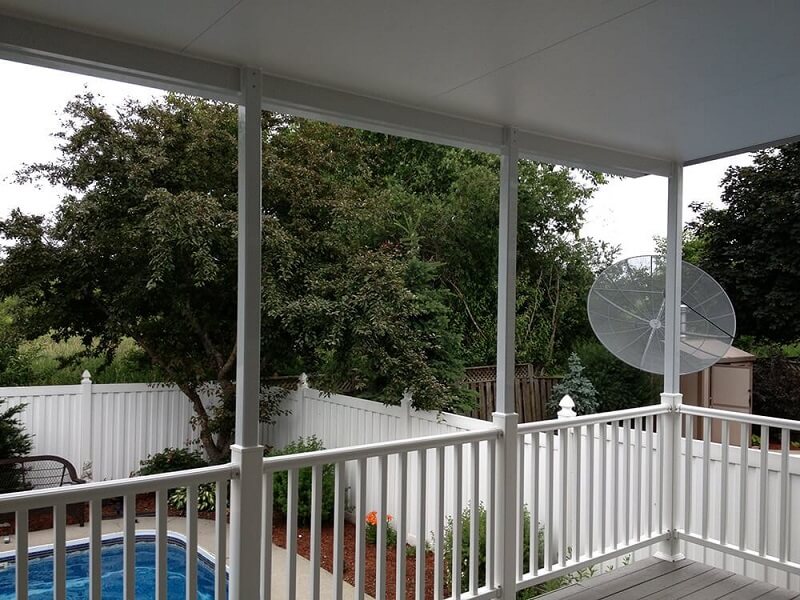 Patio overlooking a pool