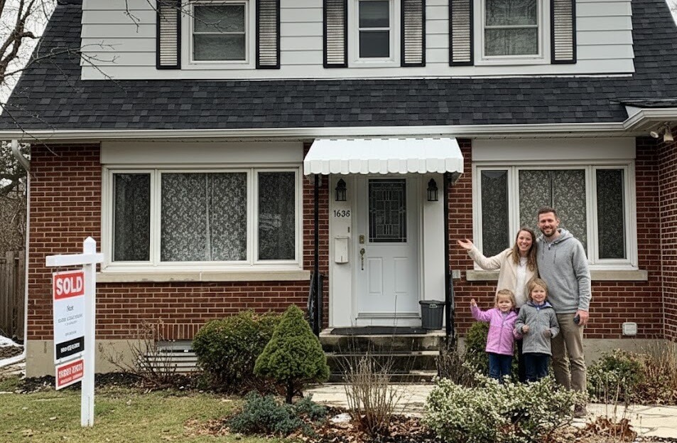 house with awning over front door and sold sign